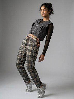 Mango Plaid Linen-Style Translucent Tapered Trousers with Plaid Waistband